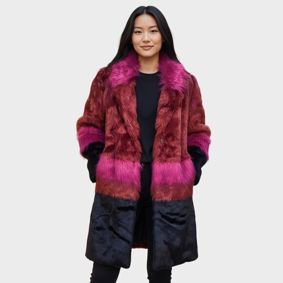 ASOS Faux Fur Coat Womens 14 Multicolor Maroon Pink Navy Long Plush Statement - Picture 1 of 10